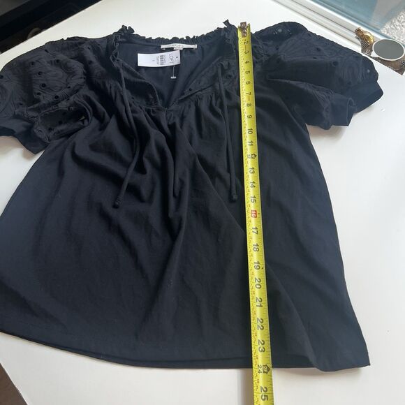 Loft Eyelet Tie Neck Puff Sleeve Mixed Media Top size S - Picture 8 of 9